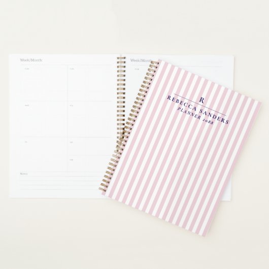 Pink Stripes, Elegant Monogrammed Planner プランナー手帳 (ディスプレー)