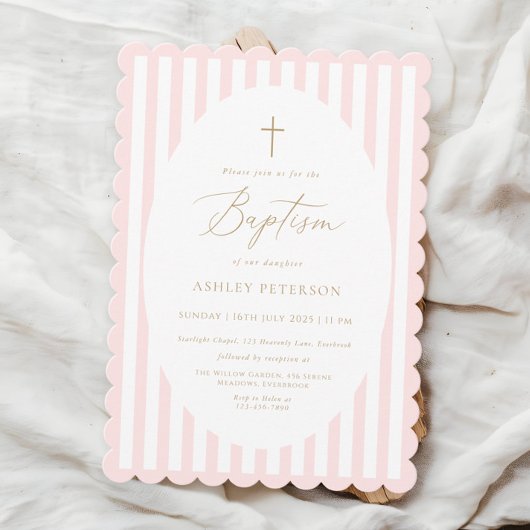 Pink Stripes Girl Baptism Invitation 招待状