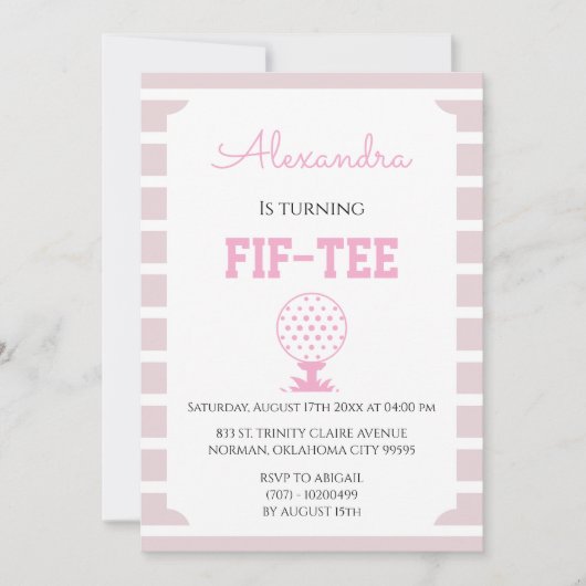 Pink Stripes Golf 50th Birthday 招待状 (正面)