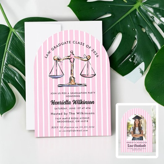 Pink Stripes Law School Graduate Photo Invitation 招待状