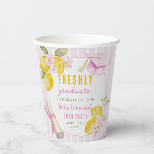 Pink Stripes Lemons and Flowers Grad Paper Cups 紙コップ (正面)