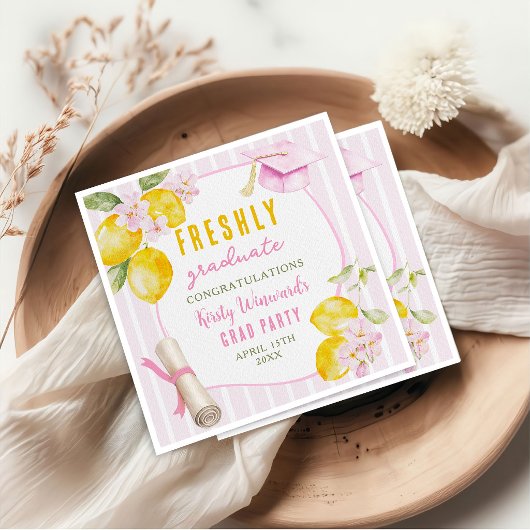 Pink Stripes Lemons and Flowers Graduation スタンダードカクテルナプキン