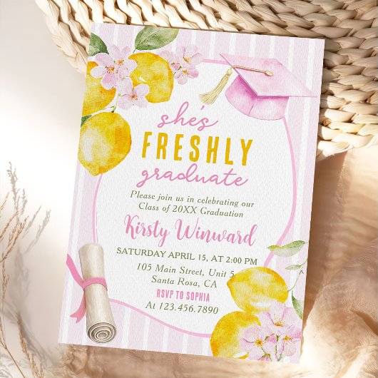 Pink Stripes Lemons and Flowers Graduation 招待状