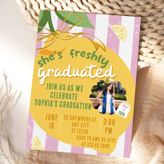 Pink Stripes Lemons Photo Graduation Invitat 招待状