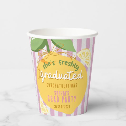 Pink Stripes Lemons Yellow bow Grad Paper Cups 紙コップ (正面)