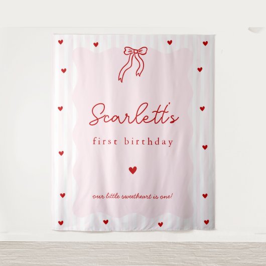 Pink Stripes Red Hearts Little Sweetheart Birthday タペストリー (正面)