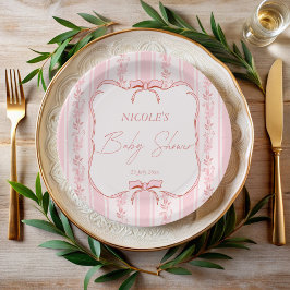 Pink stripes retro bow border elegant baby shower ペーパープレート