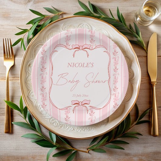 Pink stripes retro bow border elegant baby shower ペーパープレート