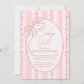 Pink stripes retro bow border elegant baby shower 招待状 (正面)