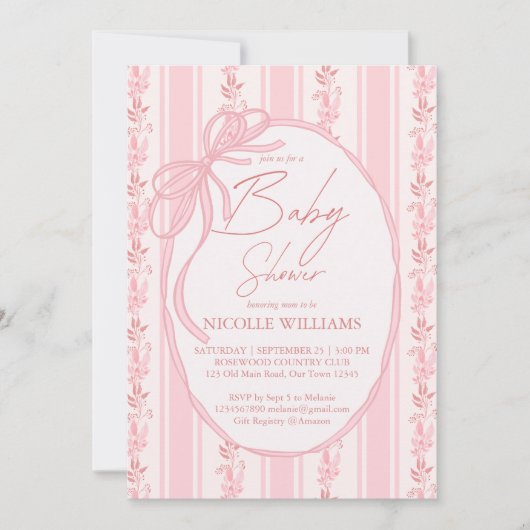 Pink stripes retro bow border elegant baby shower 招待状 (正面)