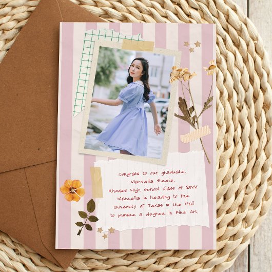 Pink Stripes Scrapbook Style Graduation Photo 案内状