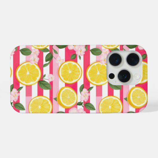 Pink Stripes Summer Lemon Pattern iPhone Case iPhoneケース (裏面横)
