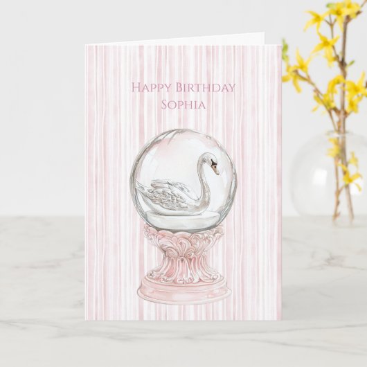 Pink Stripes Swan Birthday カード (黄色い花)