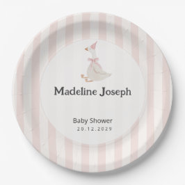 Pink Stripes Watercolor Goose Girl Baby Shower ペーパープレート