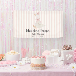 Pink Stripes Watercolor Goose Girl Baby Shower 横断幕