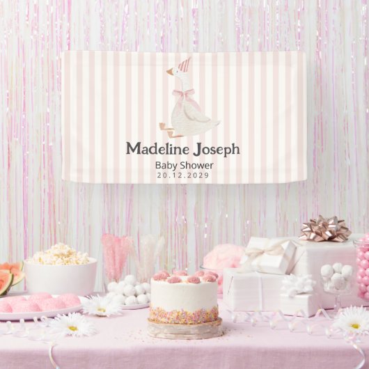 Pink Stripes Watercolor Goose Girl Baby Shower 横断幕 (パーティー)