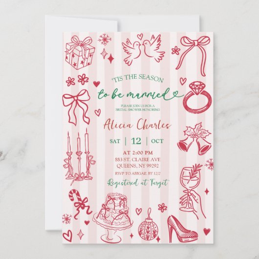 Pink Stripes Whimsical Hand-Drawn Bridal Shower 招待状 (正面)