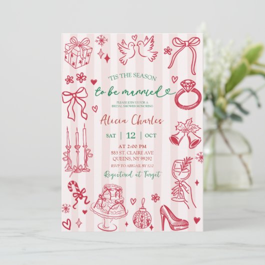 Pink Stripes Whimsical Hand-Drawn Bridal Shower 招待状 (スタンド正面)