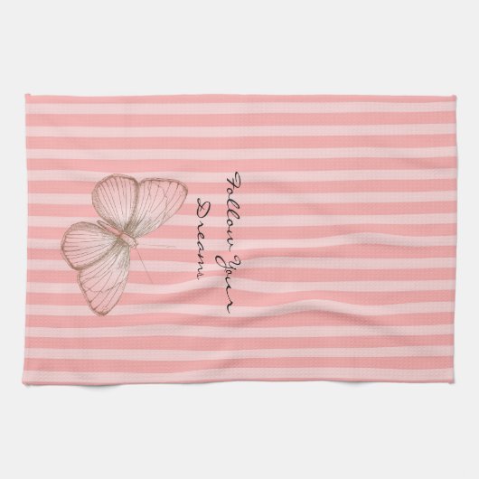 Pink Stripes with Butterfly キッチンタオル (横)