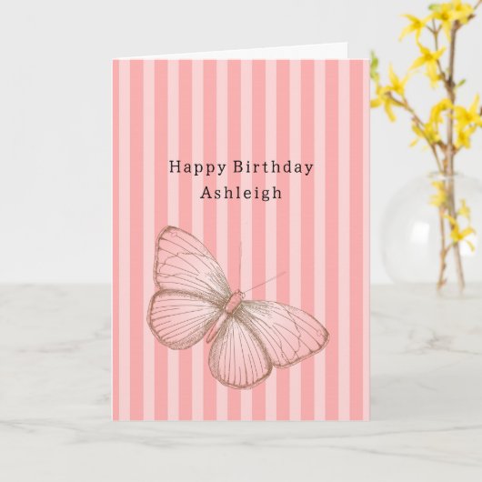 Pink Stripes with Butterfly Birthday カード (黄色い花)