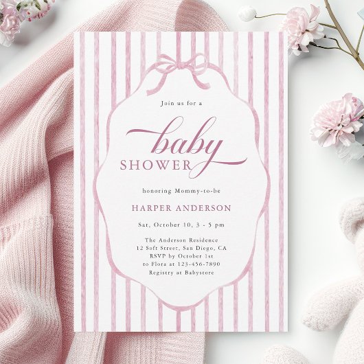 Pink Stripes with Scalloped Frame Baby Shower  招待状