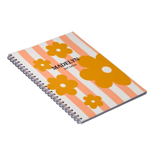Pink Stripes & Yellow Flowers Personalized Script ノートブック (右側)