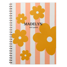 Pink Stripes & Yellow Flowers Personalized Script ノートブック
