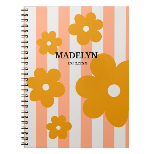 Pink Stripes & Yellow Flowers Personalized Script ノートブック (正面)