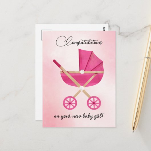 Pink stroller Baby Girl Congratulations Card ポストカード (正面/裏面インサイチュ)