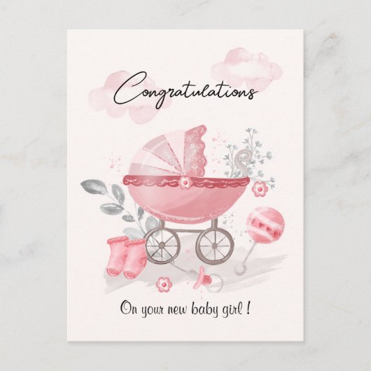 Pink Stroller baby girl congratulations card ポストカード (正面)