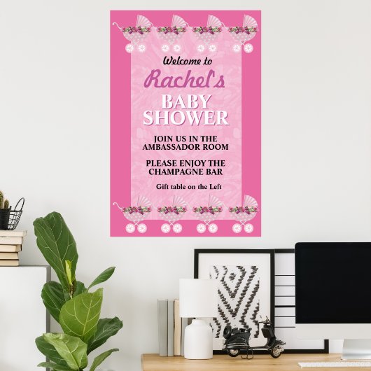 Pink Stroller Girl Baby Shower Welcome Poster ポスター (ホームオフィス)
