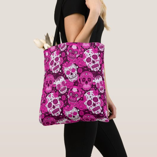 Pink sugar skull floral ornamental pattern トートバッグ (クローズアップ)