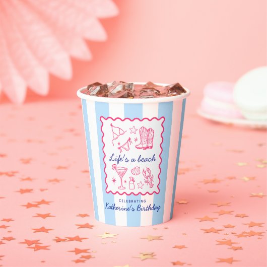 Pink Summer Favorites Blue Stripes Birthday  紙コップ (インサイチュ)
