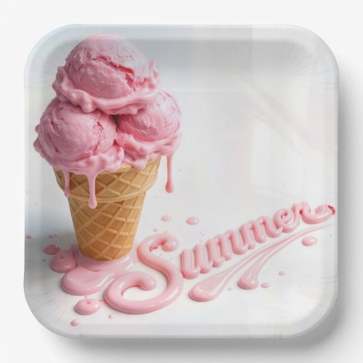 Pink Summer Ice Cream Cone ペーパープレート (正面)