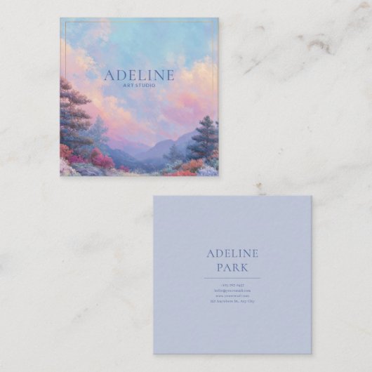 Pink Sunset Forest Gold Frame Vibrant Landscape スクエア名刺 (正面/裏面)