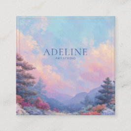 Pink Sunset Forest Gold Frame Vibrant Landscape スクエア名刺