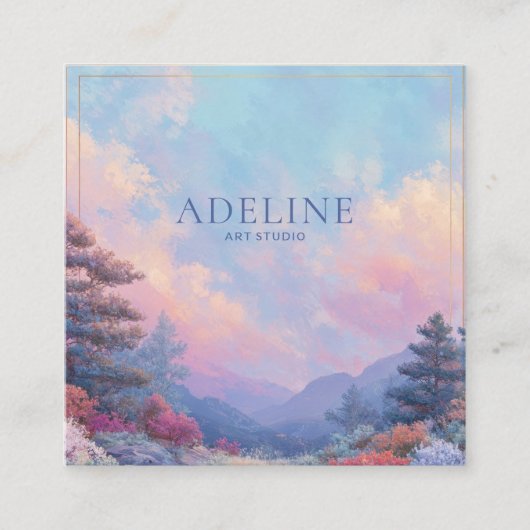 Pink Sunset Forest Gold Frame Vibrant Landscape スクエア名刺 (正面)