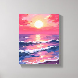 Pink Sunset Purple Ocean Waves Watercolor キャンバスプリント