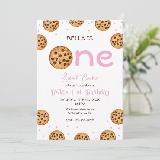Pink  Sweet Cookie 1st Birthday party 招待状 (スタンド正面)