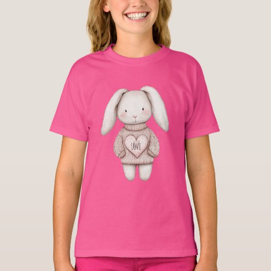Pink Sweet Cute Bunny Pink Sweater Heart Tシャツ (正面)