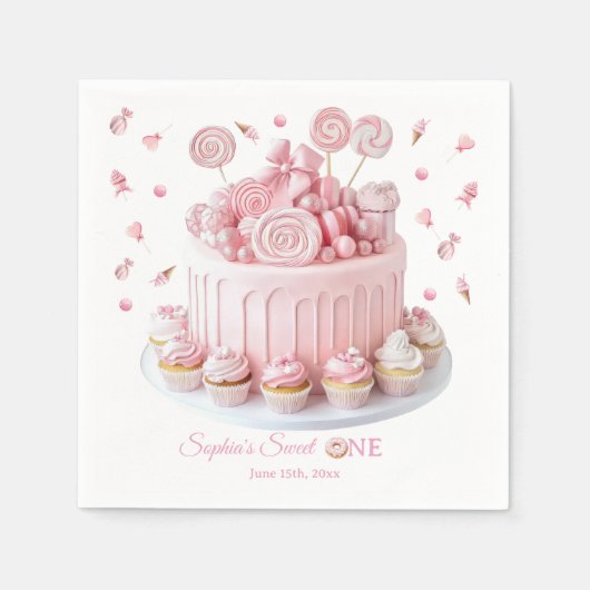 Pink Sweet One Birthday Napkins スタンダードカクテルナプキン (正面)