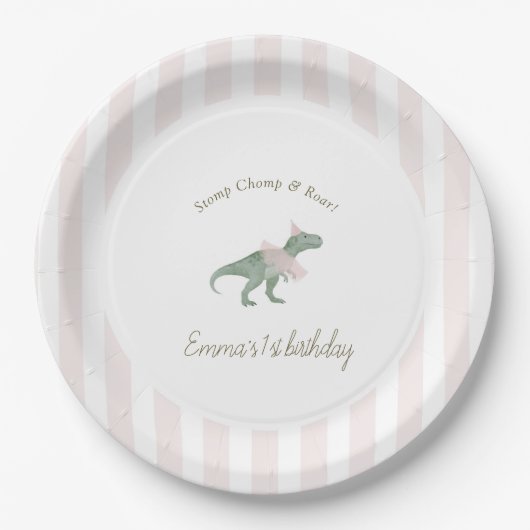 Pink T Rex Tutu Girl Birthday Paper Plates ペーパープレート (正面)