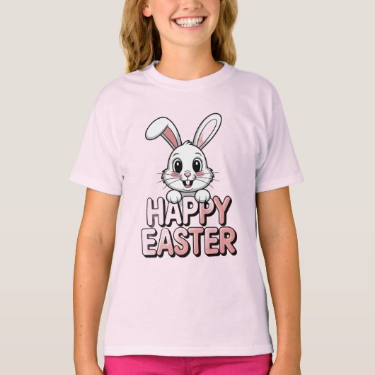 Pink T-Shirt Happy Easter White Bunny Tシャツ (正面)