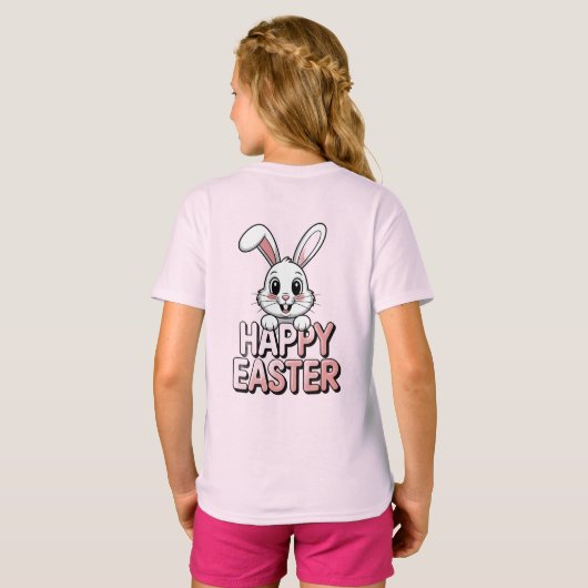 Pink T-Shirt Happy Easter White Bunny Tシャツ (裏面フル)