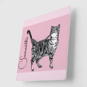 Pink Tabby Cat Cats Pink Girls Name Nursery スクエア壁時計 (傾斜)