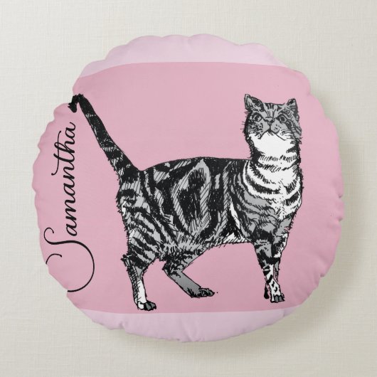 Pink Tabby Cat Cats Pink Girls Name Nursery ラウンドクッション (正面)