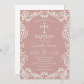 Pink Talavera Tile Spanish Fiesta Baptism 招待状 (正面/裏面)