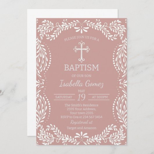 Pink Talavera Tile Spanish Fiesta Baptism 招待状 (正面/裏面)