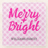 Pink tartan Christmas Merry Bright Family name ガラスコースター (正面)