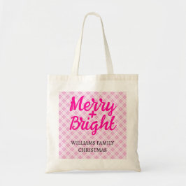 Pink tartan Christmas Merry Bright Family name トートバッグ